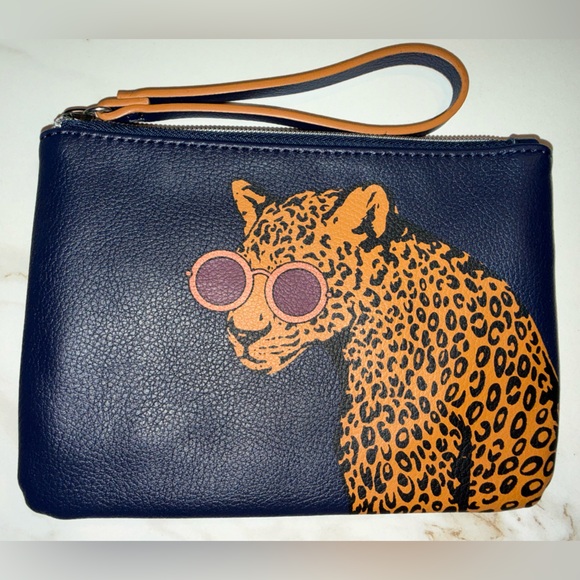 Handbags - Leopard Print Wristlet Pouch | Navy Zip Clutch | Small Cosmetic Bag 🐅